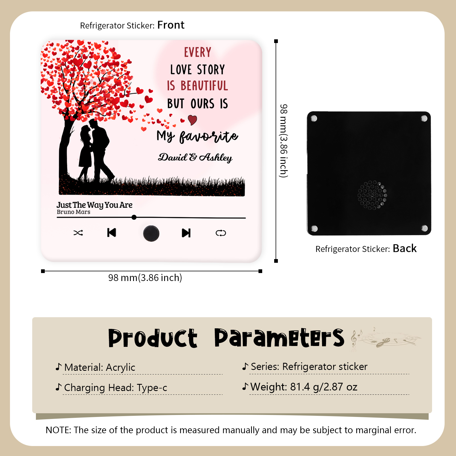 Personalized Fridge Magnet Couple Standing Under the Heart Tree Musical Valentines Day Gift