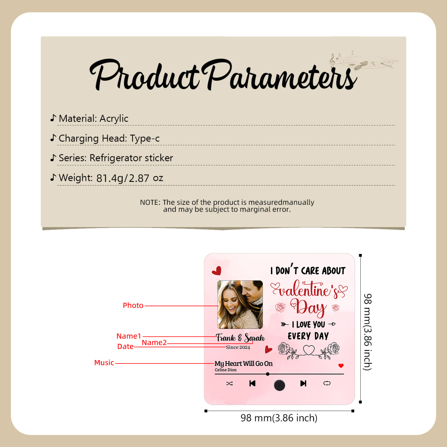 Personalised Music Refrigerator Magnet - Customized with 2 Names, 1 Photo, 1 Date & 1 Song, Pink Heart & Rose Design, “I Love You Every Day”, Valentine’s Day Gift for Couple | Jessemade