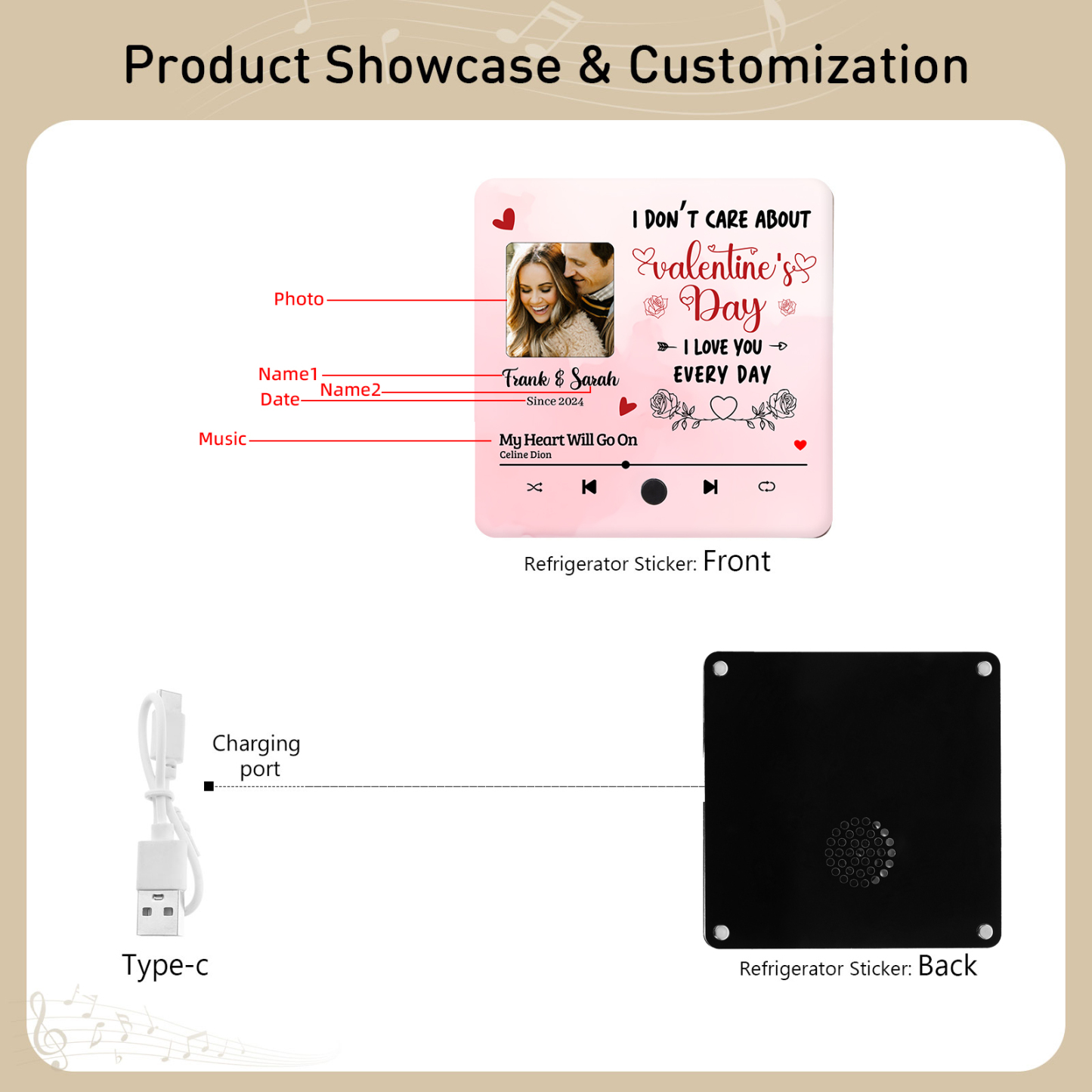 Personalised Music Refrigerator Magnet - Customized with 2 Names, 1 Photo, 1 Date & 1 Song, Pink Heart & Rose Design, “I Love You Every Day”, Valentine’s Day Gift for Couple | Jessemade