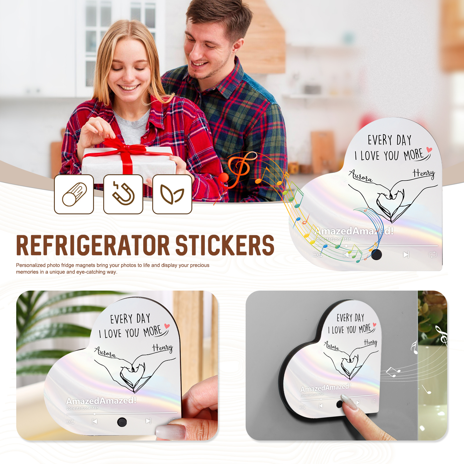 Personalised Heart-Shaped Refrigerator Magnet - Customised with 2 Names, 1 Text & 1 Song, Heart Gesture Design, Valentine’s Day Gift for Couple | Jessemade
