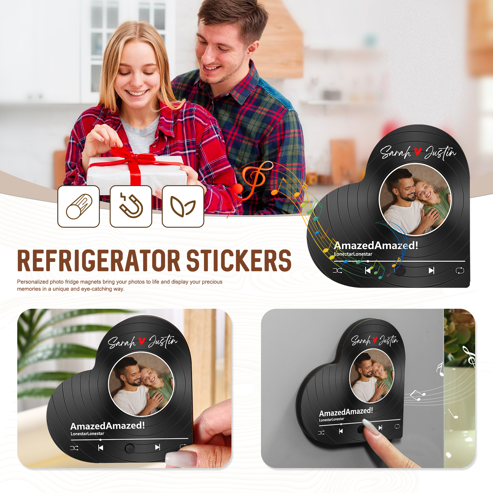 Personalised Heart-Shaped Refrigerator Magnet - Customised with 2 Names, 1 Photo & 1 Song, Vinyl Record Design, Valentine’s Day Gift for Couple | Jessemade