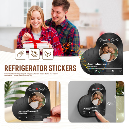 Personalised Heart-Shaped Refrigerator Magnet - Customised with 2 Names, 1 Photo & 1 Song, Vinyl Record Design, Valentine’s Day Gift for Couple | Jessemade