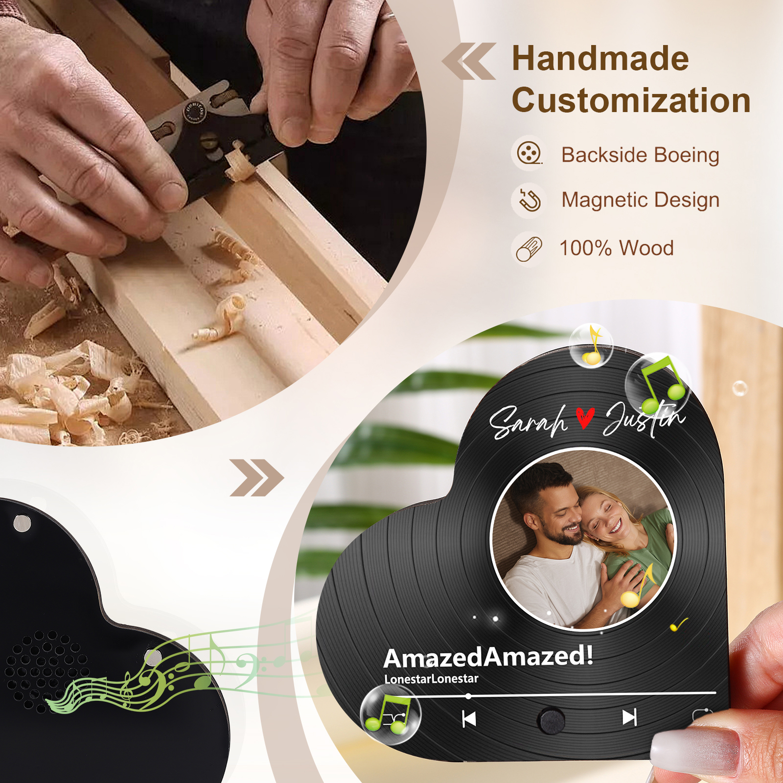 Personalised Heart-Shaped Refrigerator Magnet - Customised with 2 Names, 1 Photo & 1 Song, Vinyl Record Design, Valentine’s Day Gift for Couple | Jessemade