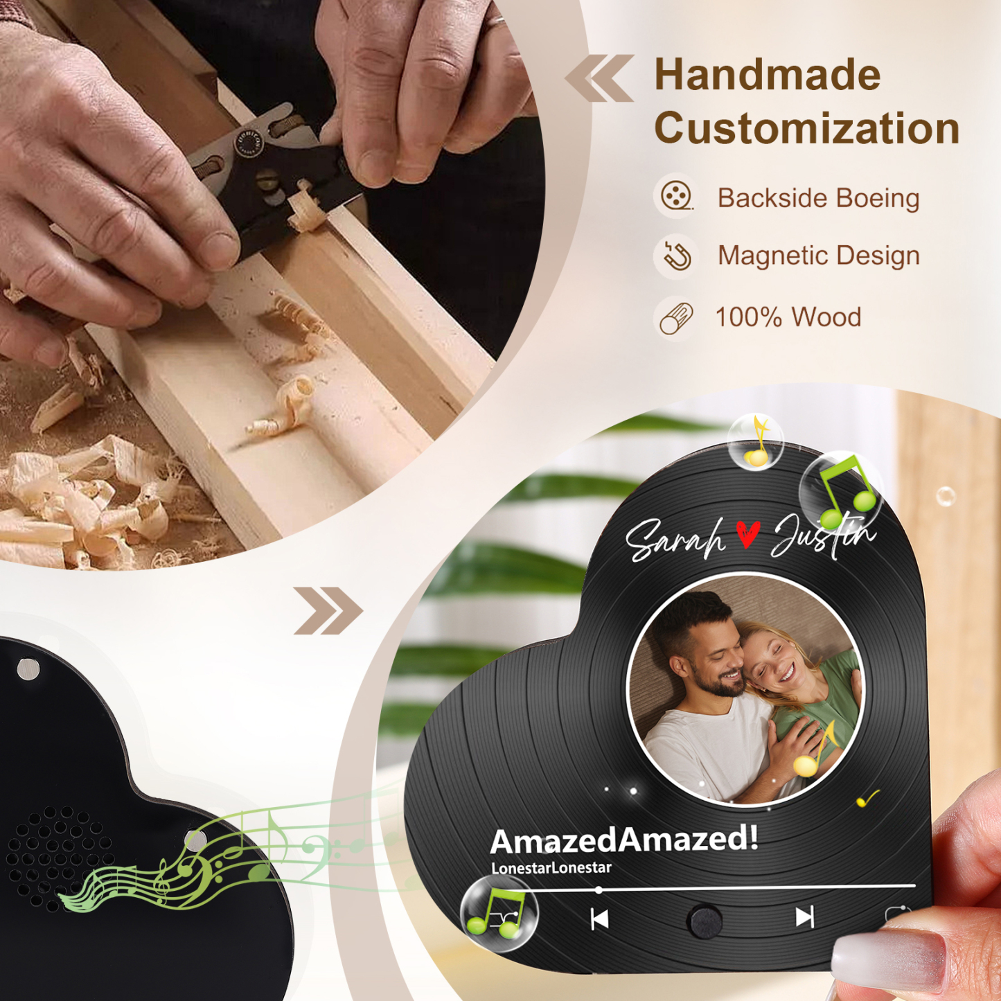 Personalised Heart-Shaped Refrigerator Magnet - Customised with 2 Names, 1 Photo & 1 Song, Vinyl Record Design, Valentine’s Day Gift for Couple | Jessemade