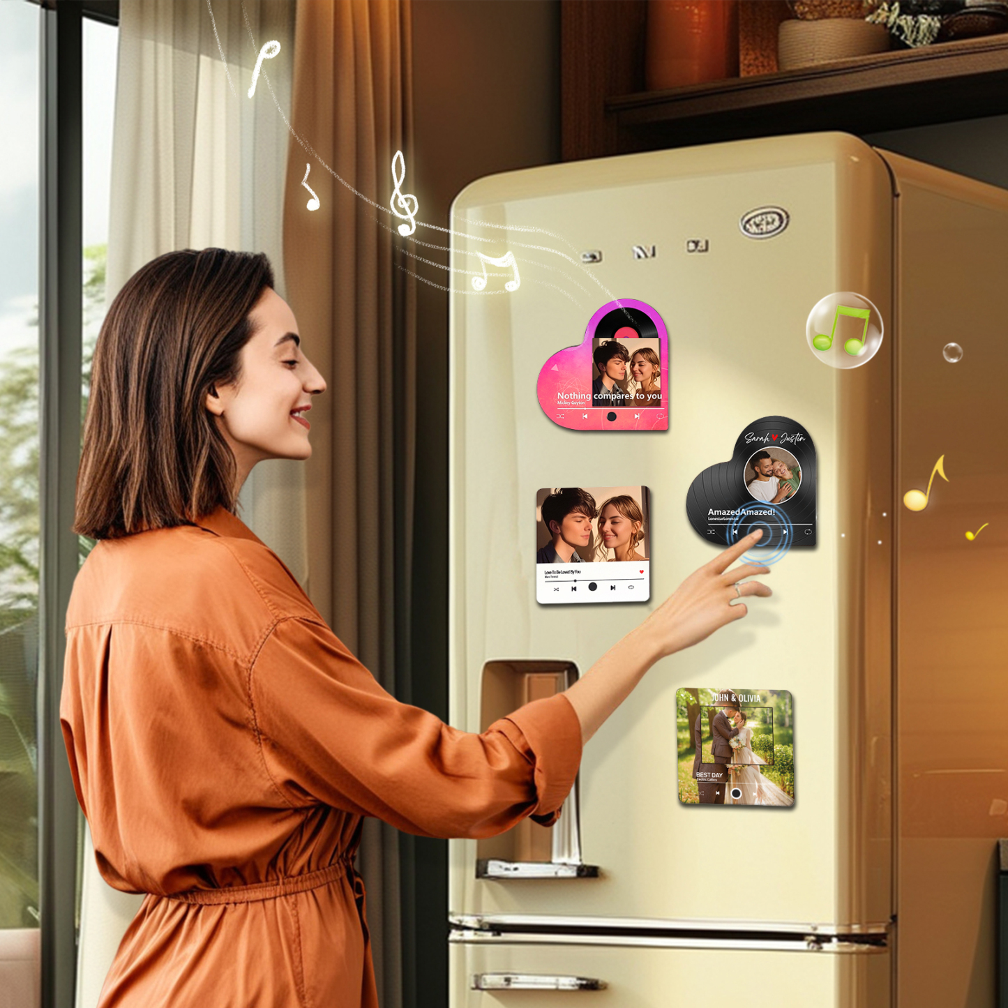 Personalised Heart-Shaped Refrigerator Magnet - Customised with 2 Names, 1 Photo & 1 Song, Vinyl Record Design, Valentine’s Day Gift for Couple | Jessemade