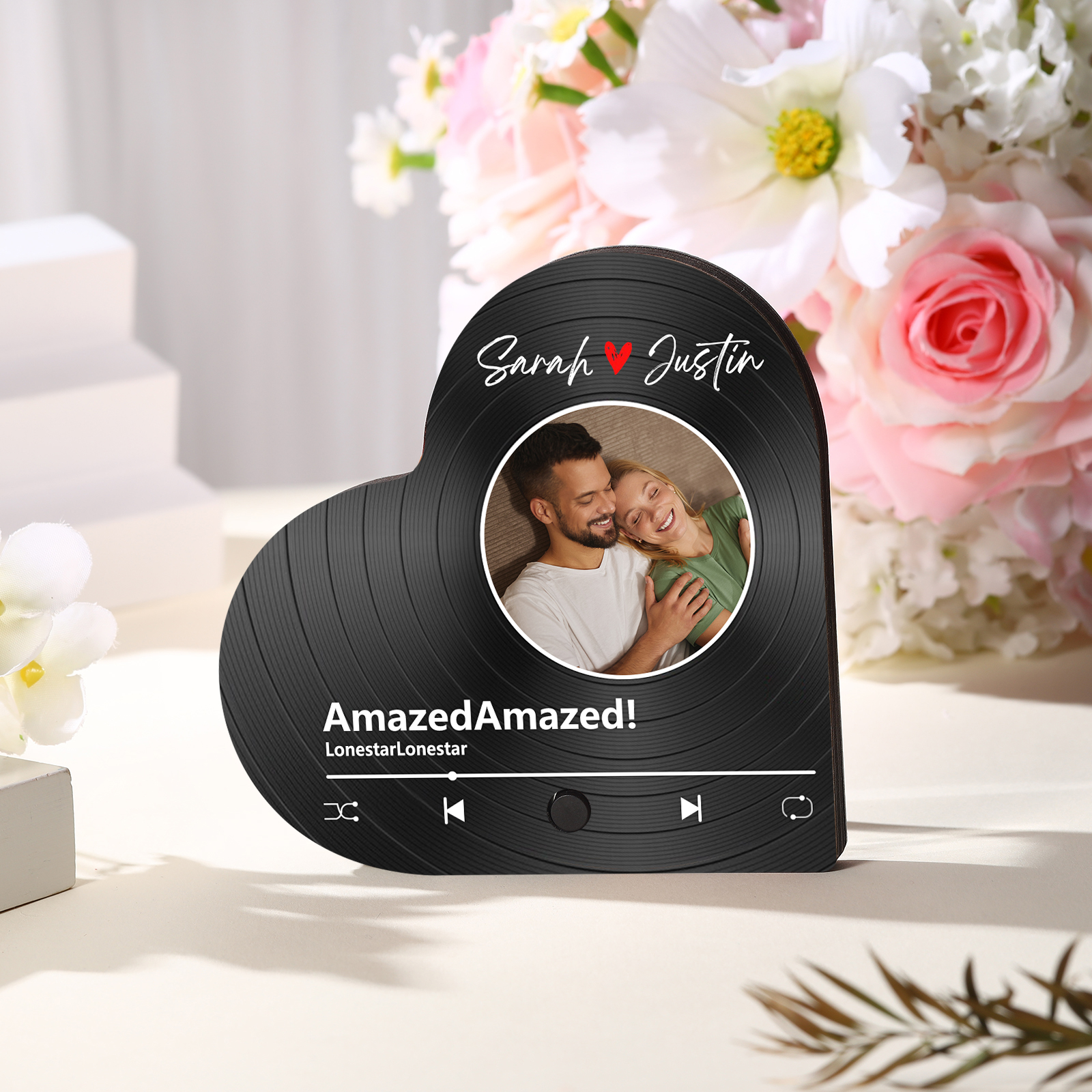 Personalised Heart-Shaped Refrigerator Magnet - Customised with 2 Names, 1 Photo & 1 Song, Vinyl Record Design, Valentine’s Day Gift for Couple | Jessemade