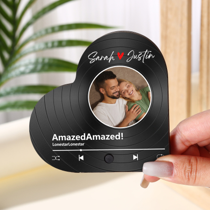 Personalised Heart-Shaped Refrigerator Magnet - Customised with 2 Names, 1 Photo & 1 Song, Vinyl Record Design, Valentine’s Day Gift for Couple | Jessemade