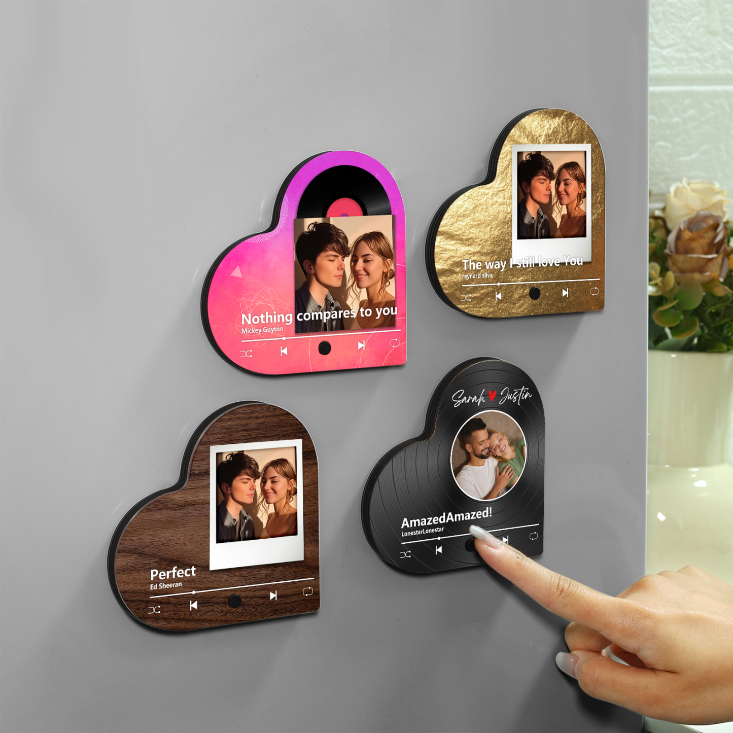 Personalised Heart-Shaped Refrigerator Magnet - Customised with 2 Names, 1 Photo & 1 Song, Vinyl Record Design, Valentine’s Day Gift for Couple | Jessemade