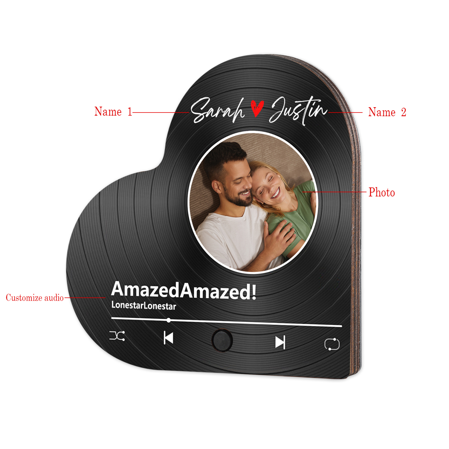 Personalised Heart-Shaped Refrigerator Magnet - Customised with 2 Names, 1 Photo & 1 Song, Vinyl Record Design, Valentine’s Day Gift for Couple | Jessemade