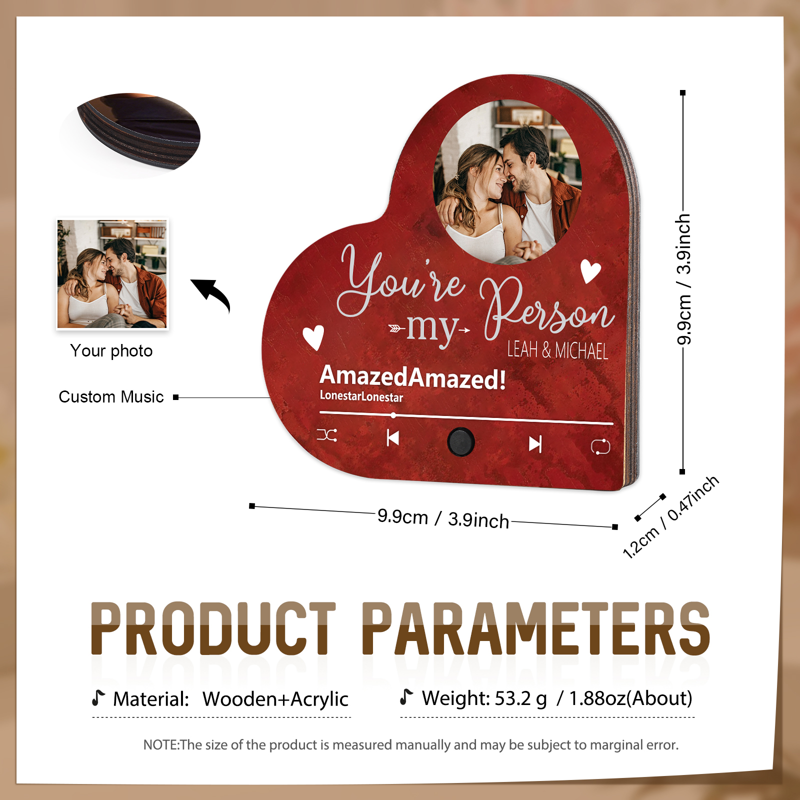 Personalised Heart-Shaped Refrigerator Magnet - Customised with 2 Names, 1 Photo, 1 Text & 1 Song, Romantic Design, Valentine’s Day Gift for Couple | Jessemade