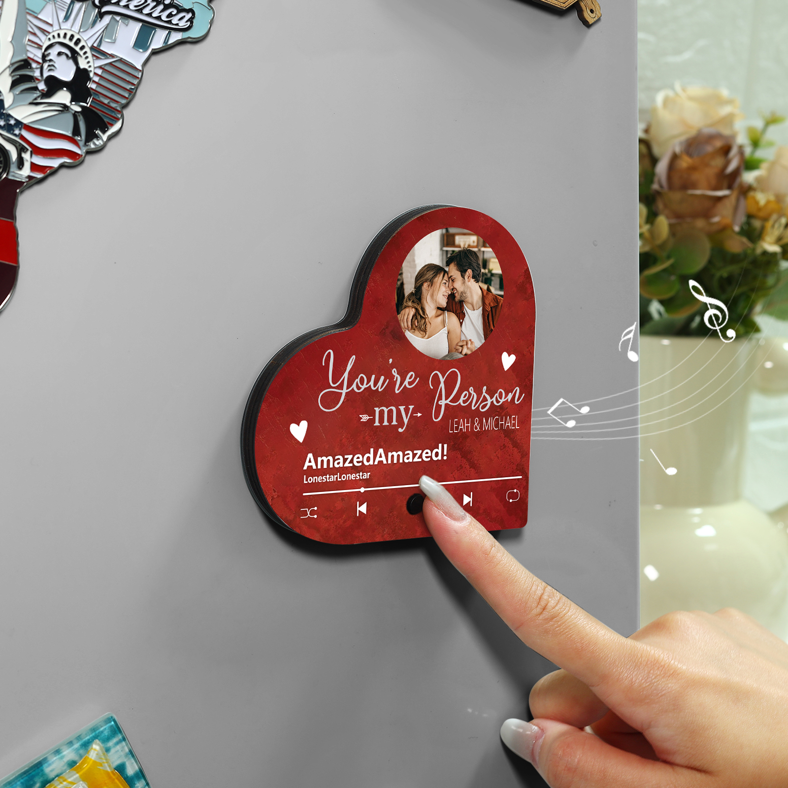 Personalised Heart-Shaped Refrigerator Magnet - Customised with 2 Names, 1 Photo, 1 Text & 1 Song, Romantic Design, Valentine’s Day Gift for Couple | Jessemade