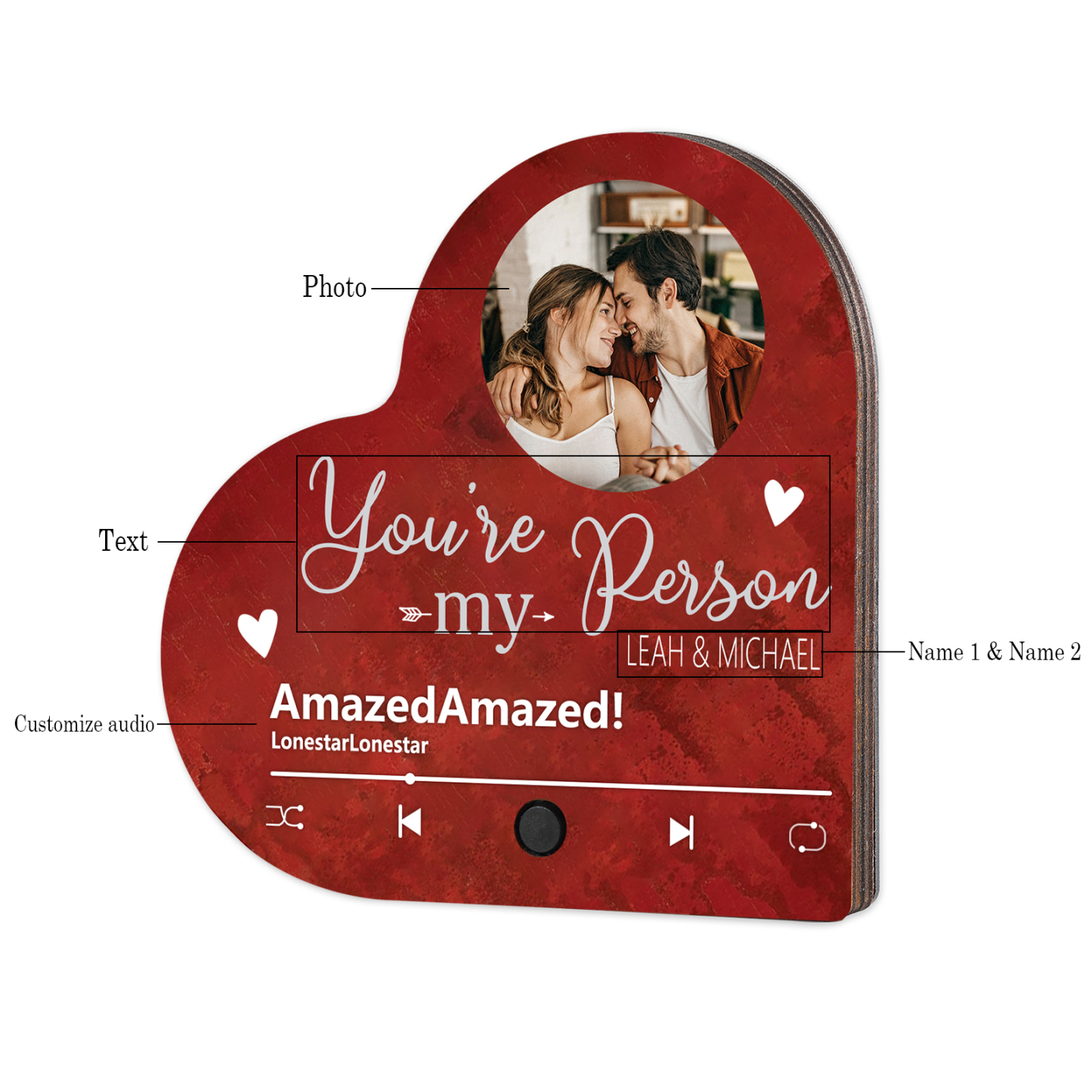 Personalised Heart-Shaped Refrigerator Magnet - Customised with 2 Names, 1 Photo, 1 Text & 1 Song, Romantic Design, Valentine’s Day Gift for Couple | Jessemade