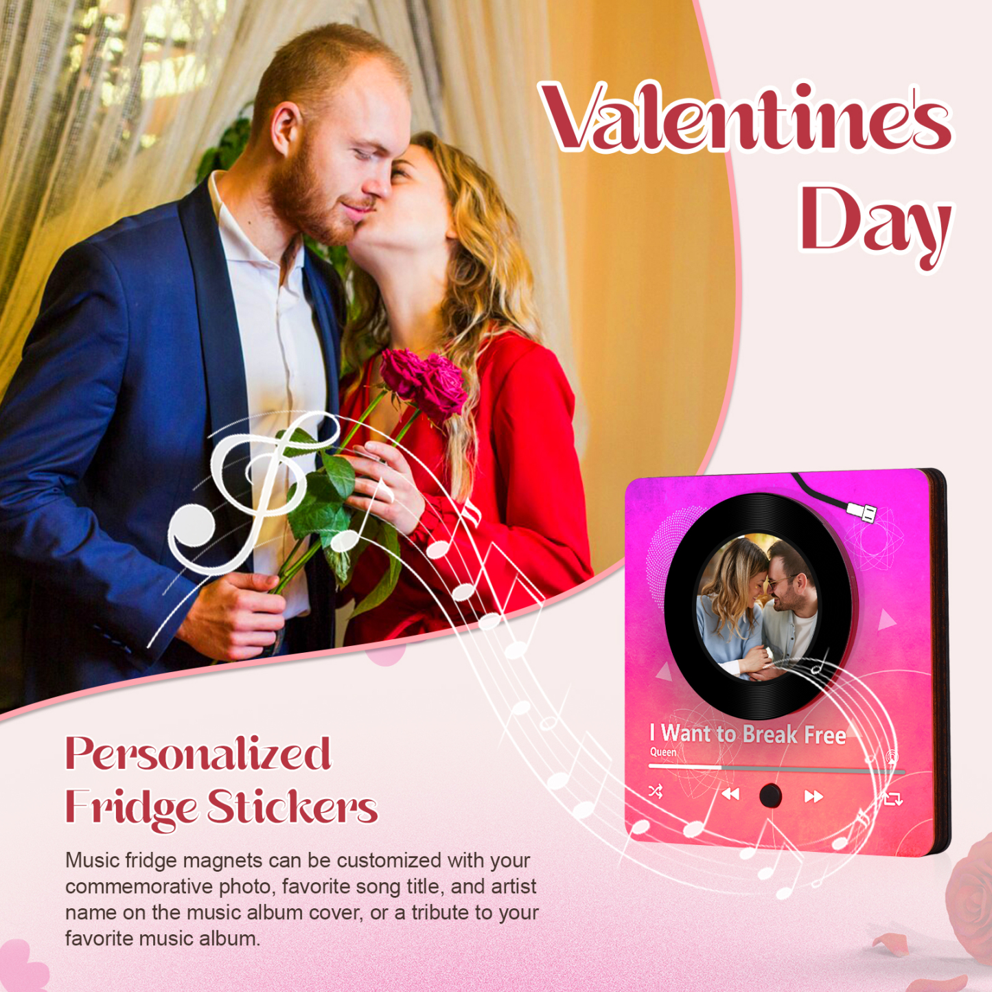Personalised Music Refrigerator Magnet - Customised with 1 Photo & 1 Song, "Vinyl Record Style" Design, Valentine’s Day Gift for Couple | Jessemade