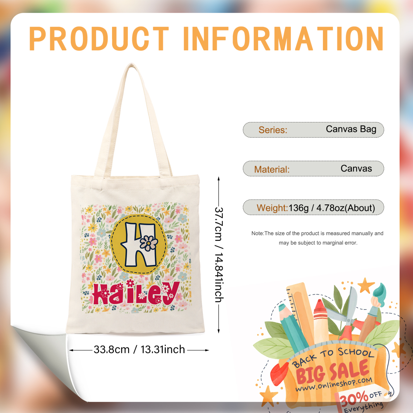 Personalized Alphabet Bee Tote Bag – Unique Design Back-to-School Gift for Kids