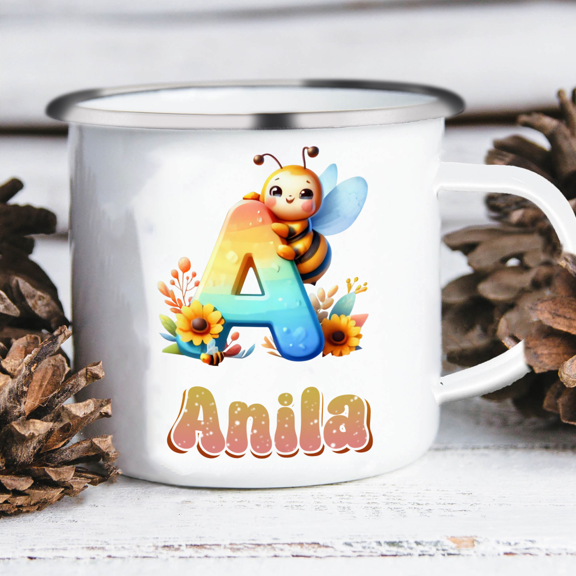 Personalized Bee Alphabet Enamel Cup for Kids - Durable, Cheerful, and Unique for Back to School