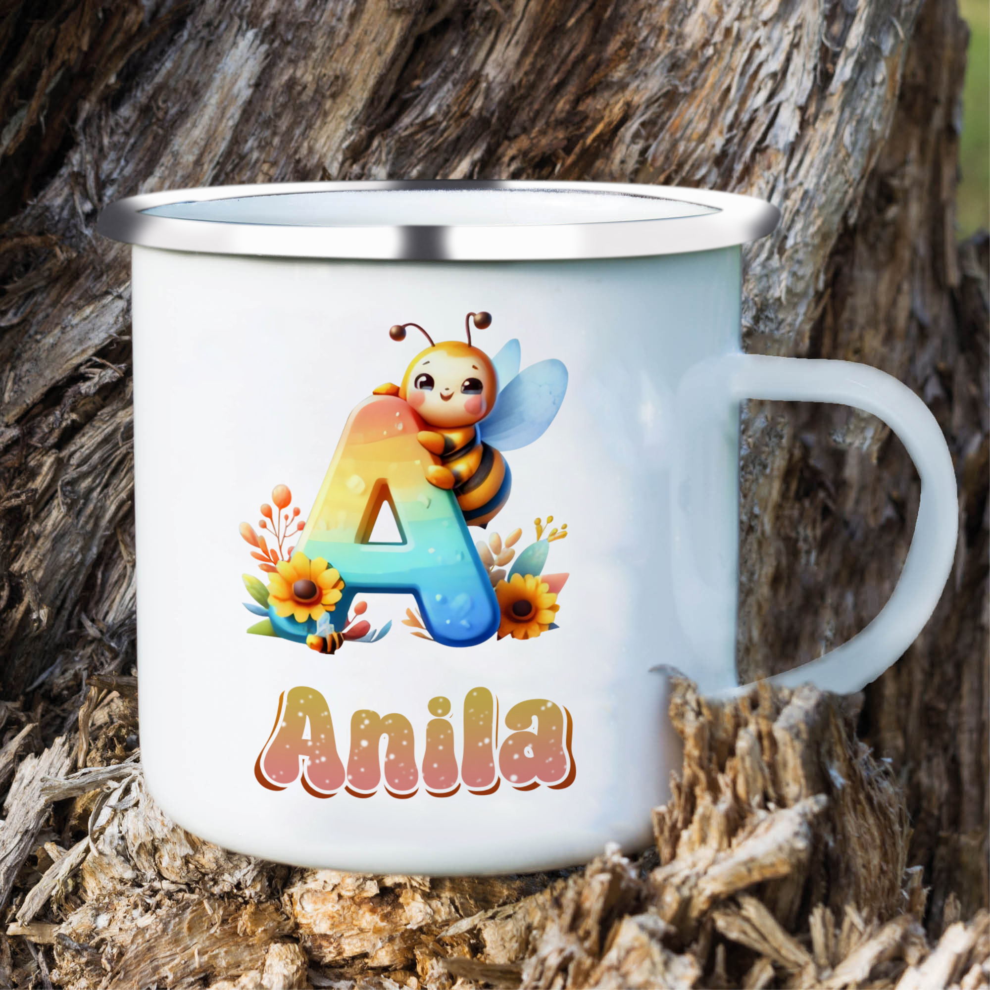 Personalized Bee Alphabet Enamel Cup for Kids - Durable, Cheerful, and Unique for Back to School
