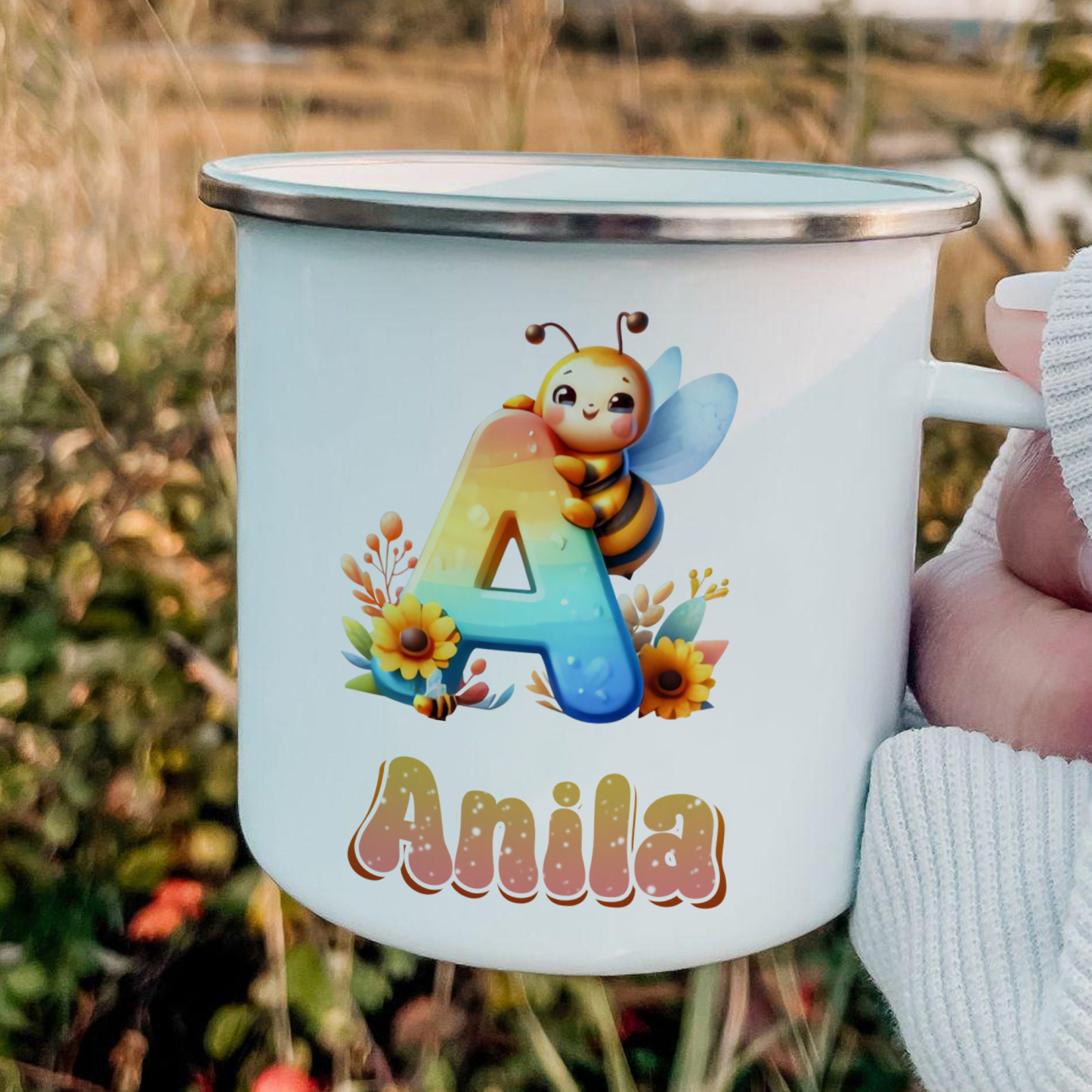 Personalized Bee Alphabet Enamel Cup for Kids - Durable, Cheerful, and Unique for Back to School