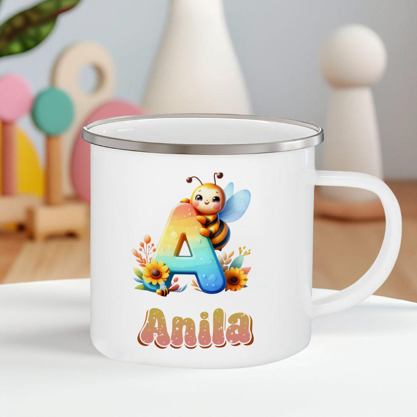 Personalized Bee Alphabet Enamel Cup for Kids - Durable, Cheerful, and Unique for Back to School