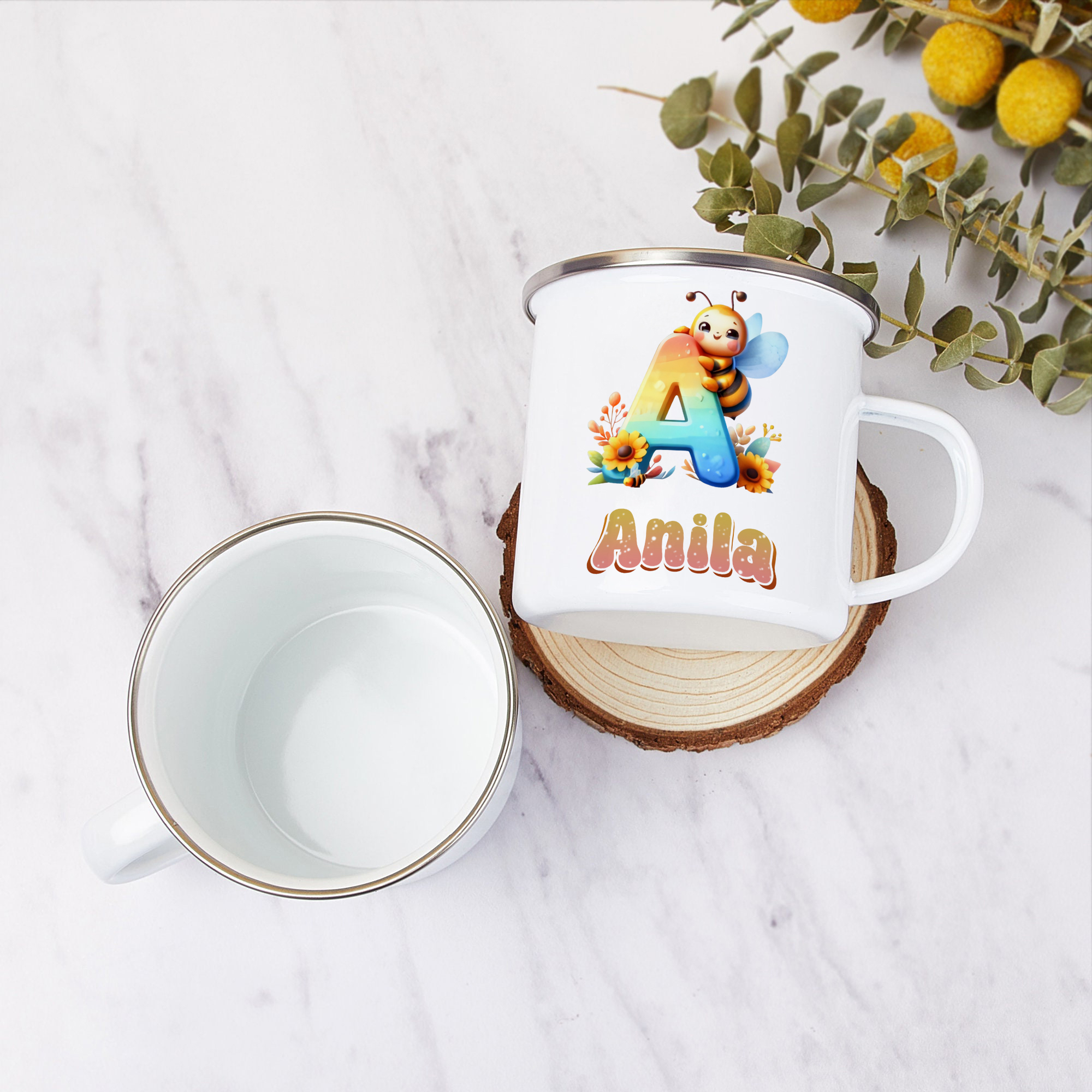 Personalized Bee Alphabet Enamel Cup for Kids - Durable, Cheerful, and Unique for Back to School
