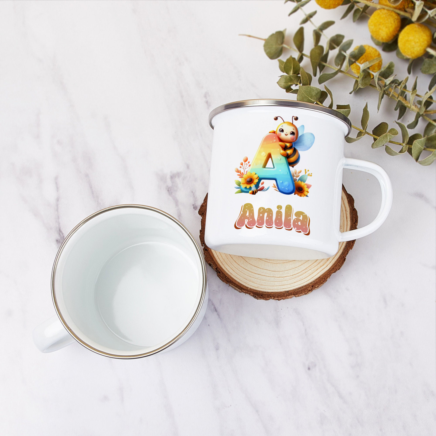 Personalized Bee Alphabet Enamel Cup for Kids - Durable, Cheerful, and Unique for Back to School