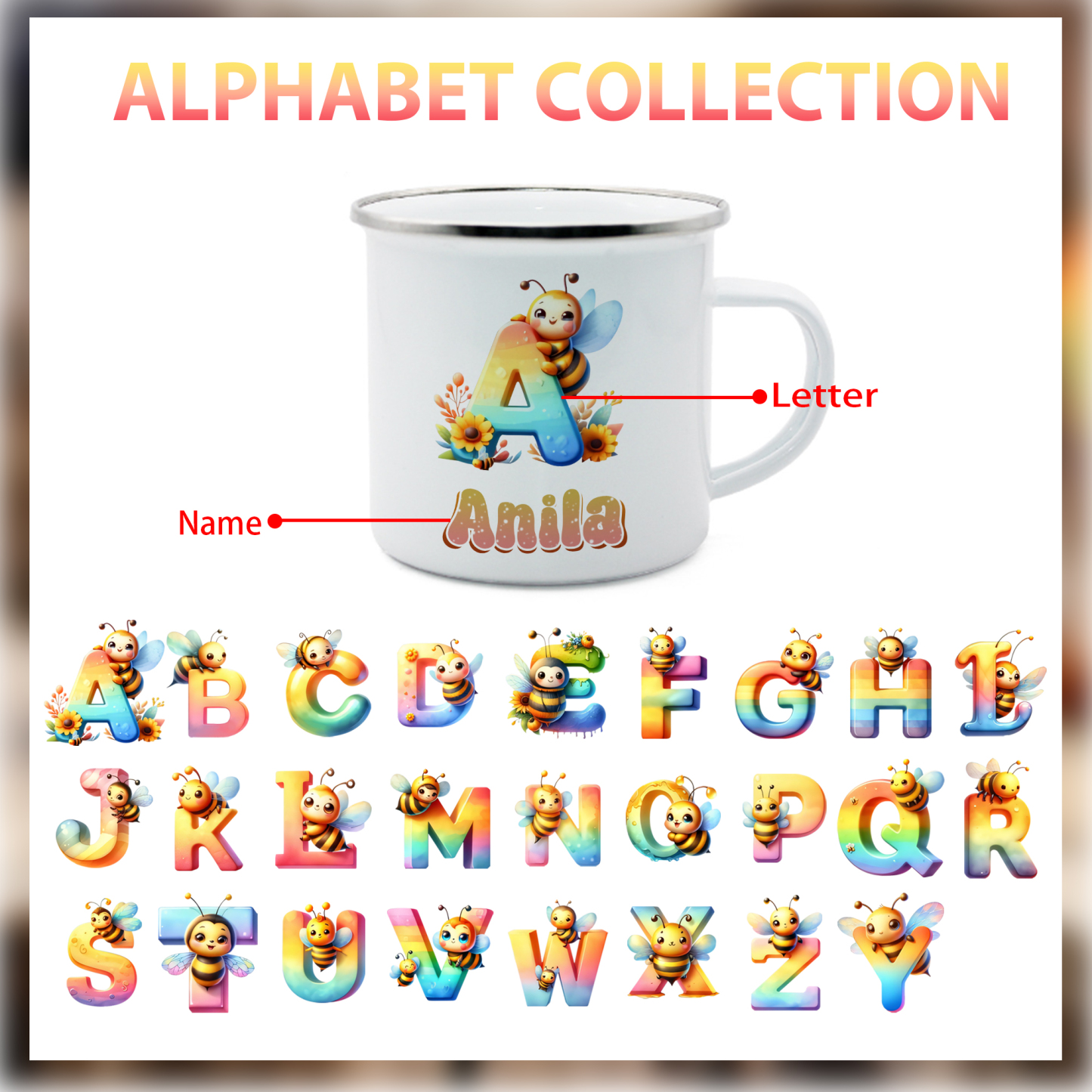 Personalized Bee Alphabet Enamel Cup for Kids - Durable, Cheerful, and Unique for Back to School