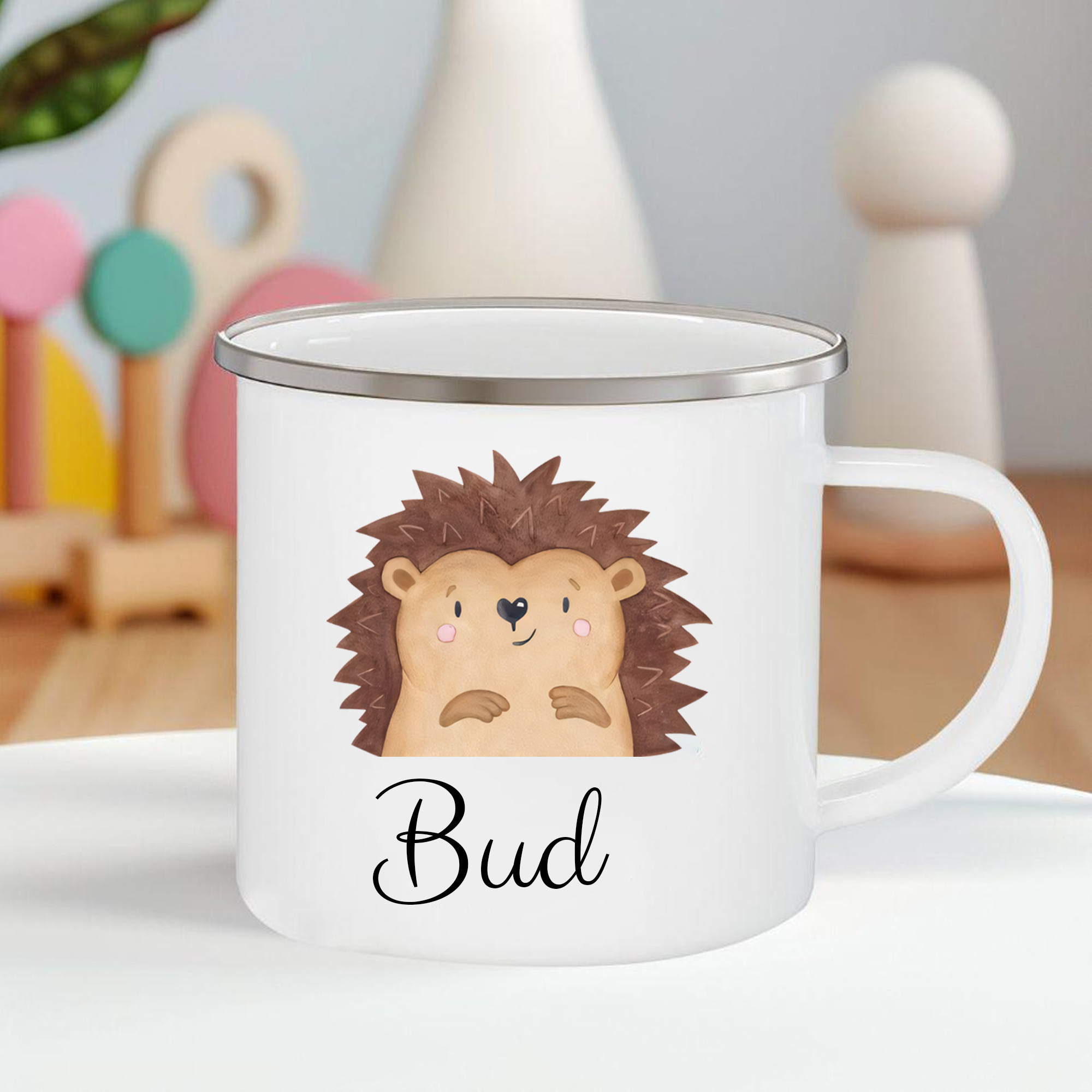 Personalized Animal Back-to-School Enamel Mug -  Unique Hand-painted Design, Custom Name, Kids’ Gift