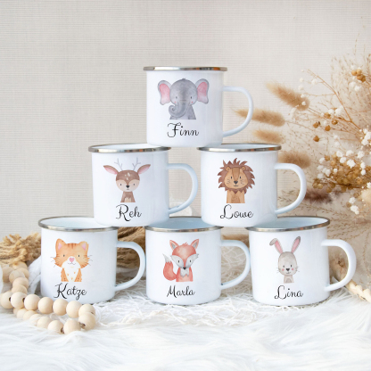 Personalized Animal Back-to-School Enamel Mug -  Unique Hand-painted Design, Custom Name, Kids’ Gift