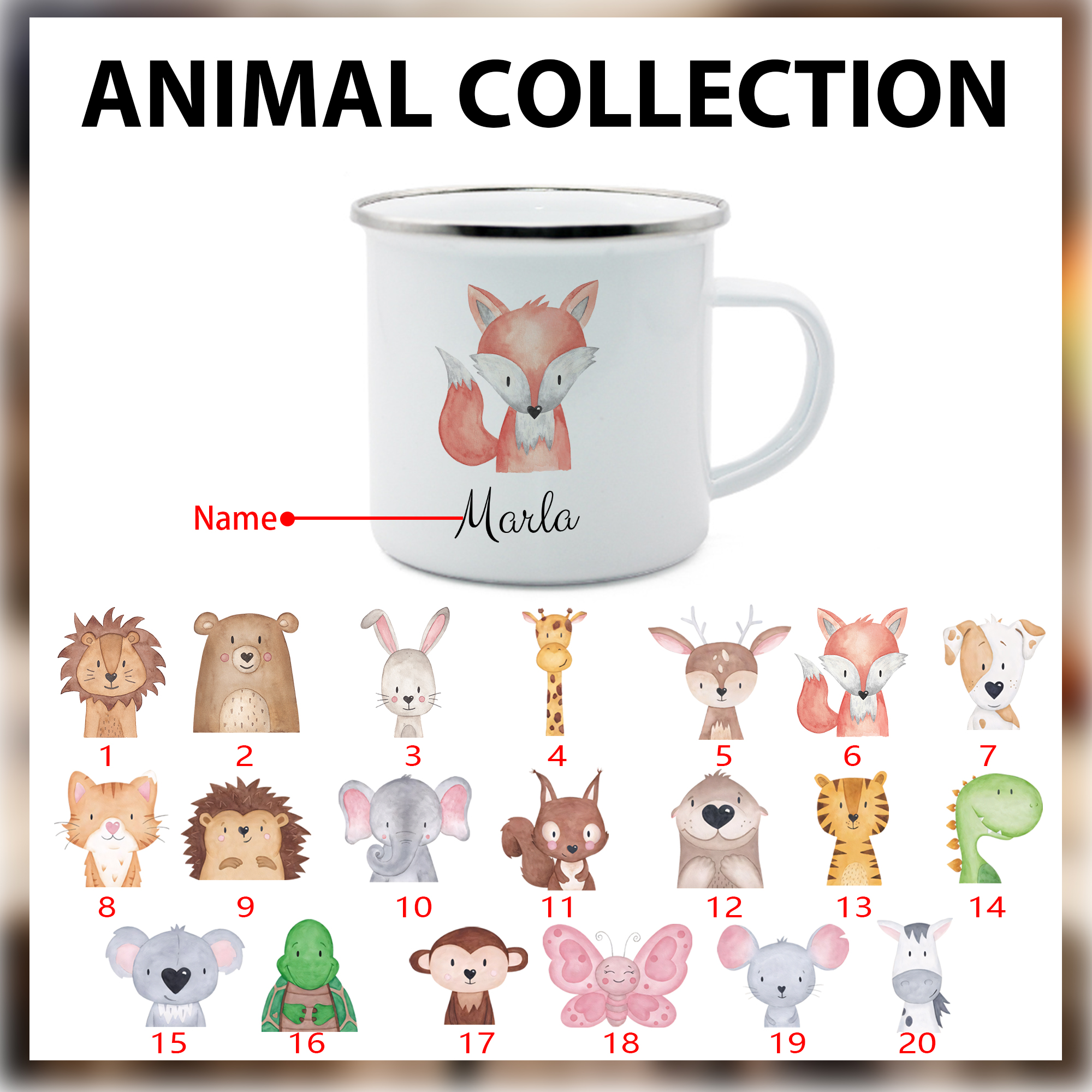 Personalized Animal Back-to-School Enamel Mug -  Unique Hand-painted Design, Custom Name, Kids’ Gift