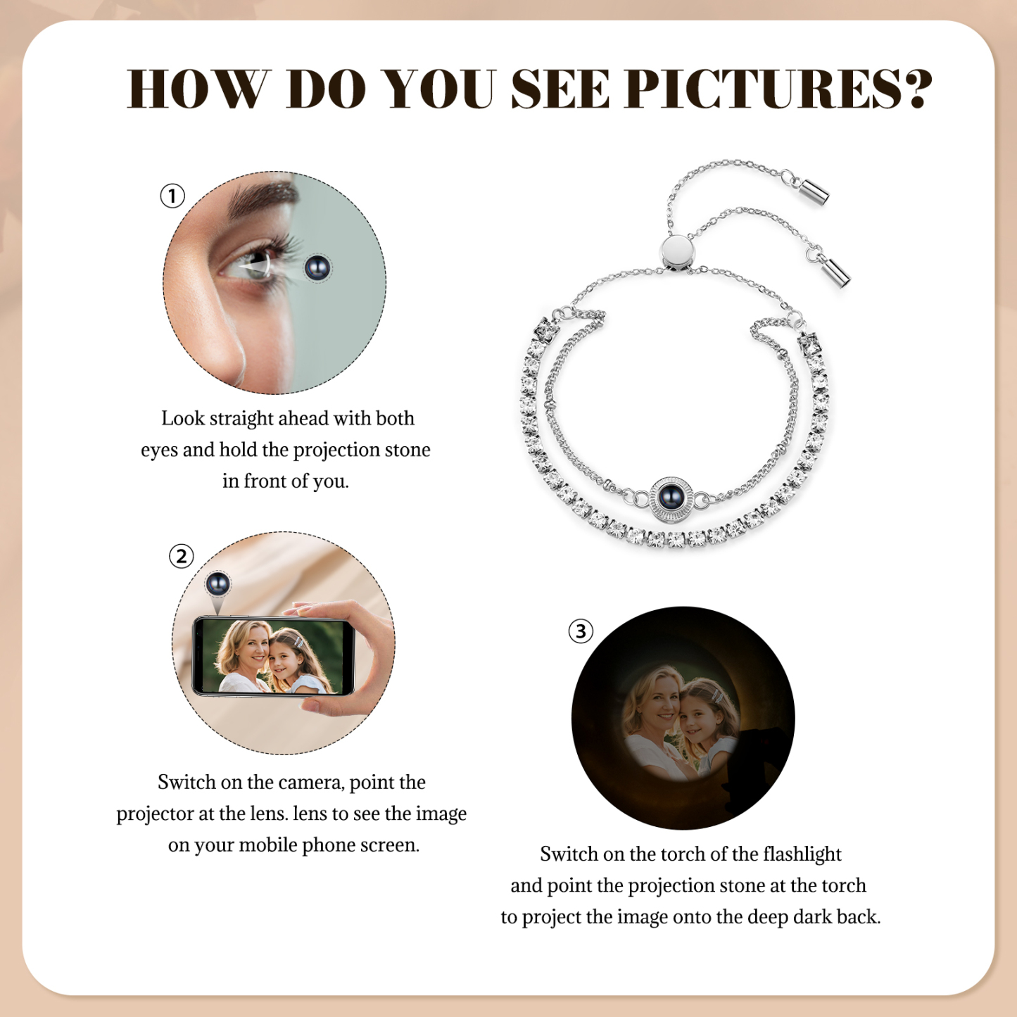 Personalized Photo Projection Bracelet with Double Rhinestone Row Adjustable Women’s Bracelet