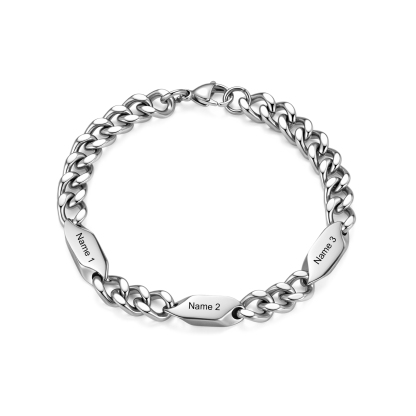 Personalized Stainless Steel Curb Chain Bracelet Custom With 1-5 Engraved Names Gift For Dad Husband Family