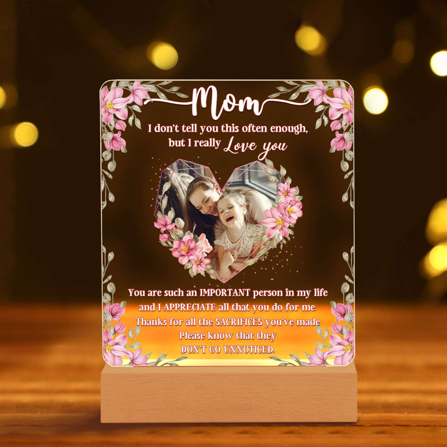 Dedicated to My Mom - "Love You" Night Light Custom Photo LED Bedroom Decor for My Dear Mom