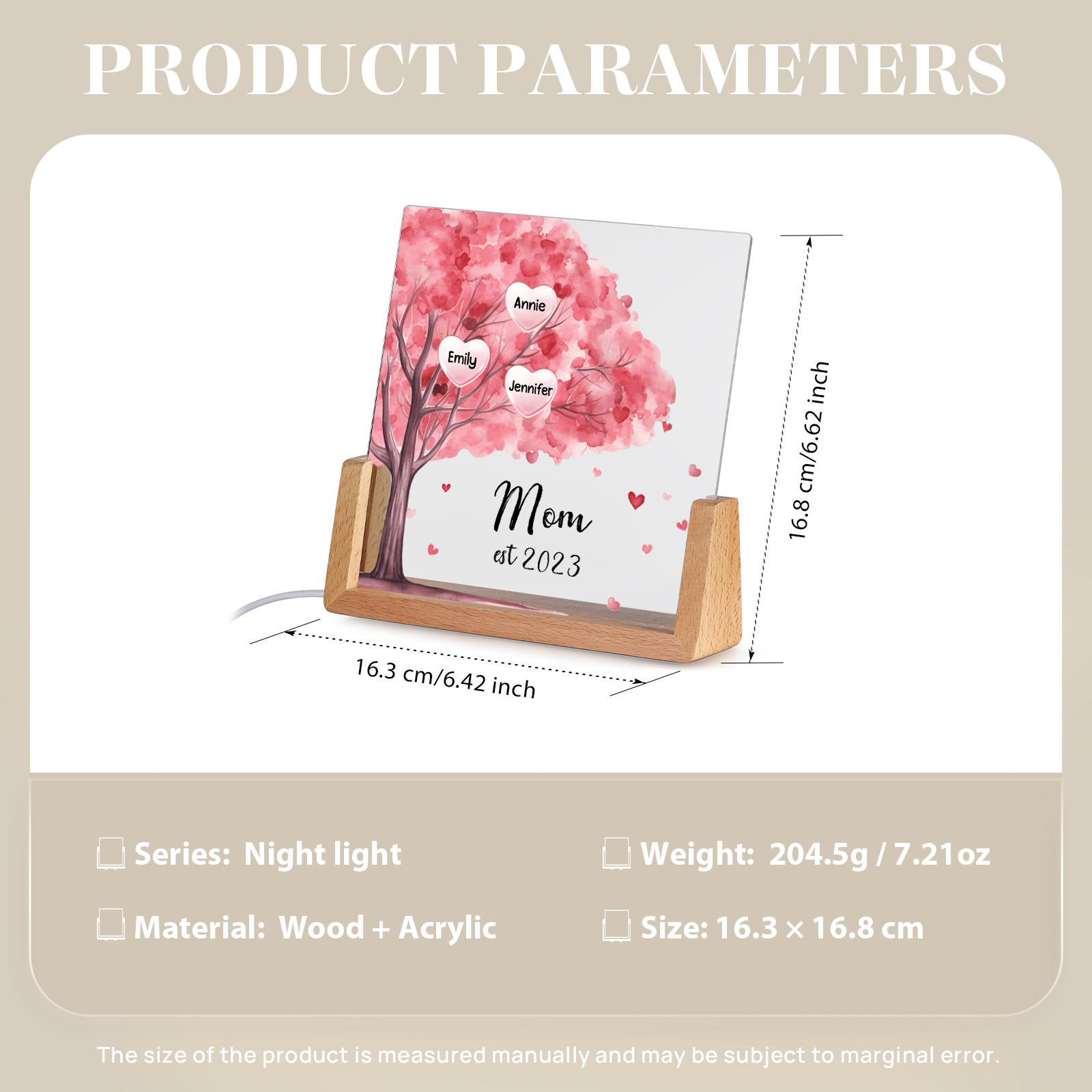 3 Names - Personalized Sakura Tree Night Light with Custom Text And Date LED Light, Gift for Mom