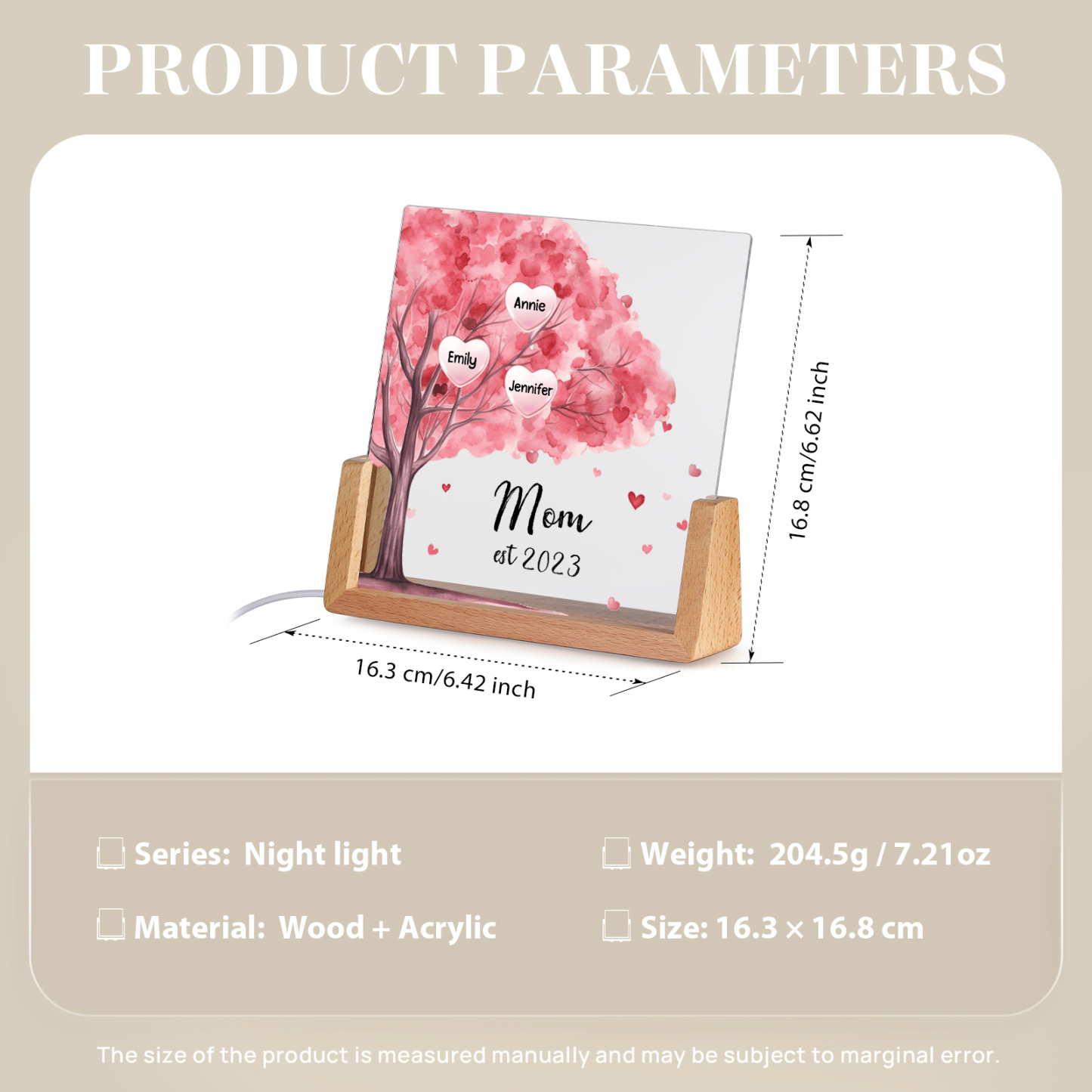 3 Names - Personalized Sakura Tree Night Light with Custom Text And Date LED Light, Gift for Mom