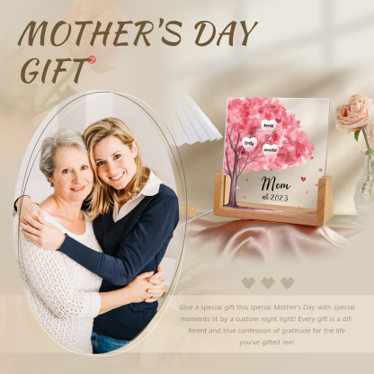 3 Names - Personalized Sakura Tree Night Light with Custom Text And Date LED Light, Gift for Mom