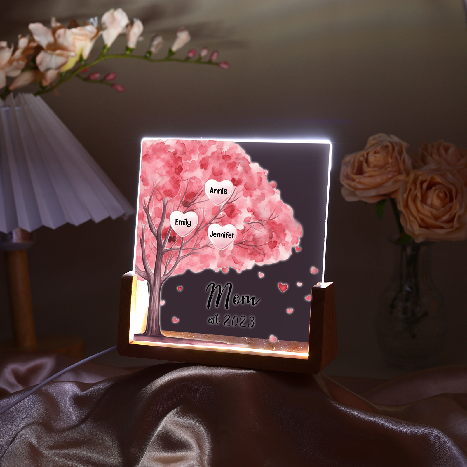 3 Names - Personalized Sakura Tree Night Light with Custom Text And Date LED Light, Gift for Mom