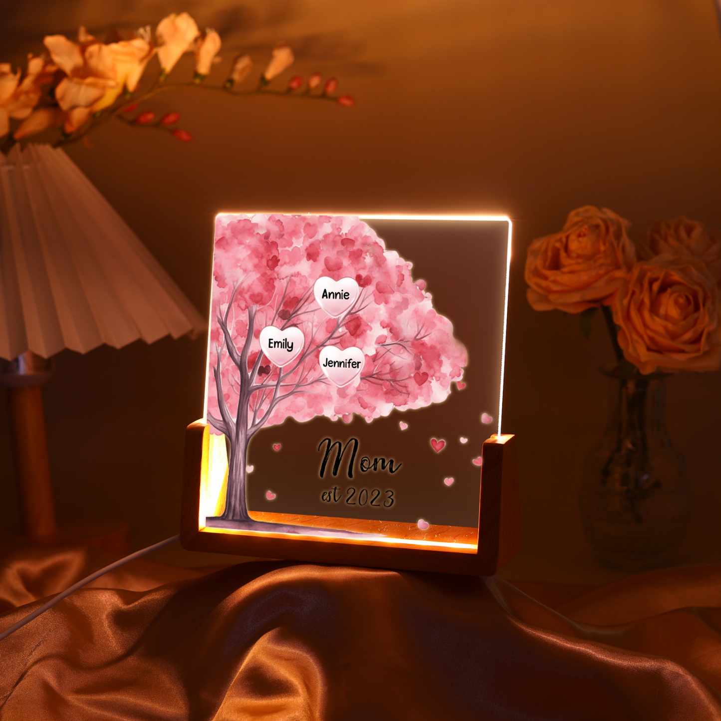 3 Names - Personalized Sakura Tree Night Light with Custom Text And Date LED Light, Gift for Mom
