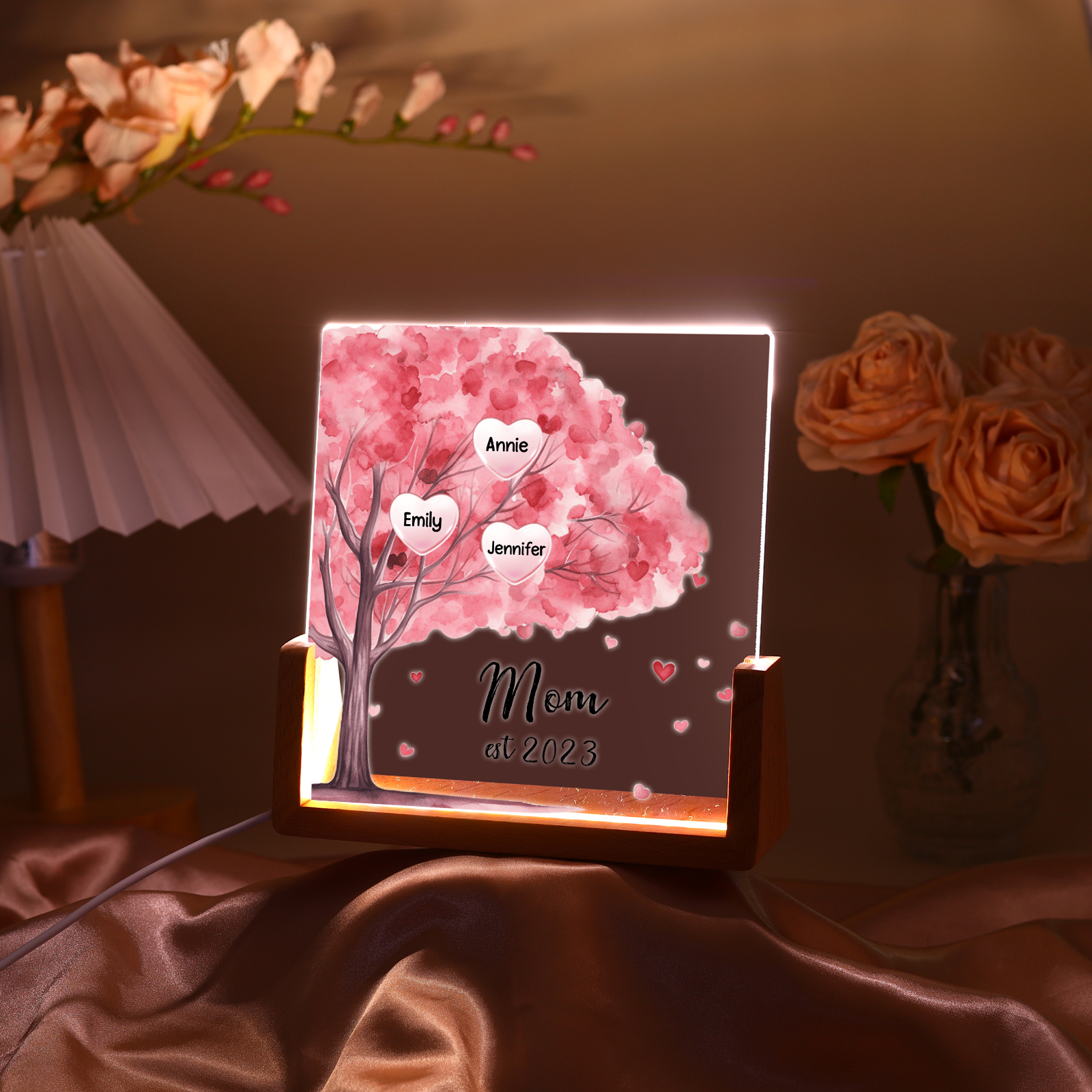 3 Names - Personalized Sakura Tree Night Light with Custom Text And Date LED Light, Gift for Mom