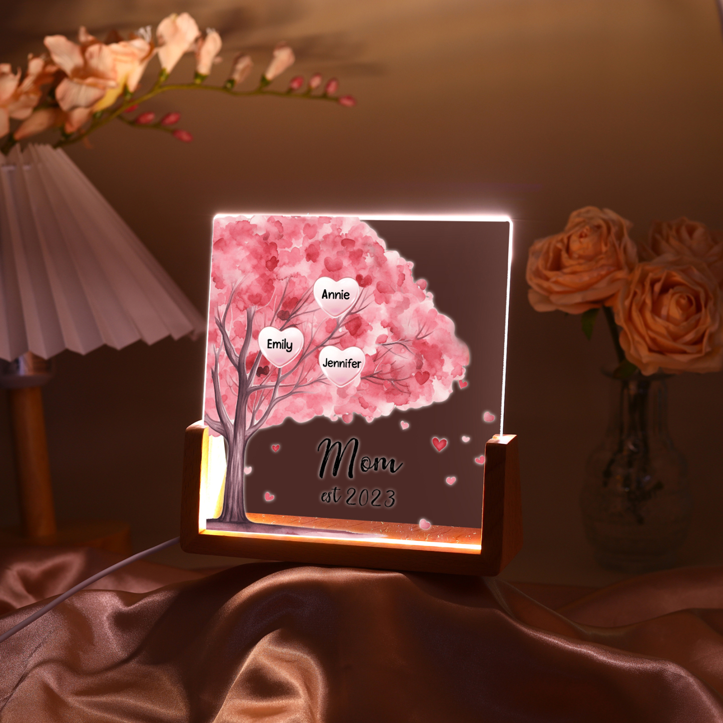 3 Names - Personalized Sakura Tree Night Light with Custom Text And Date LED Light, Gift for Mom