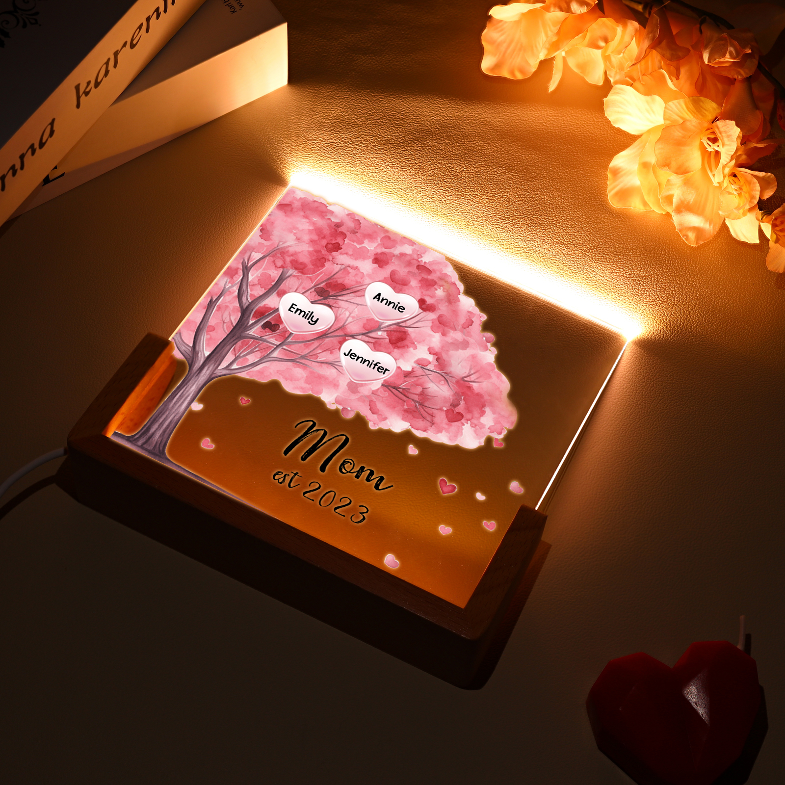 3 Names - Personalized Sakura Tree Night Light with Custom Text And Date LED Light, Gift for Mom