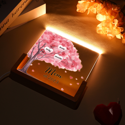 3 Names - Personalized Sakura Tree Night Light with Custom Text And Date LED Light, Gift for Mom