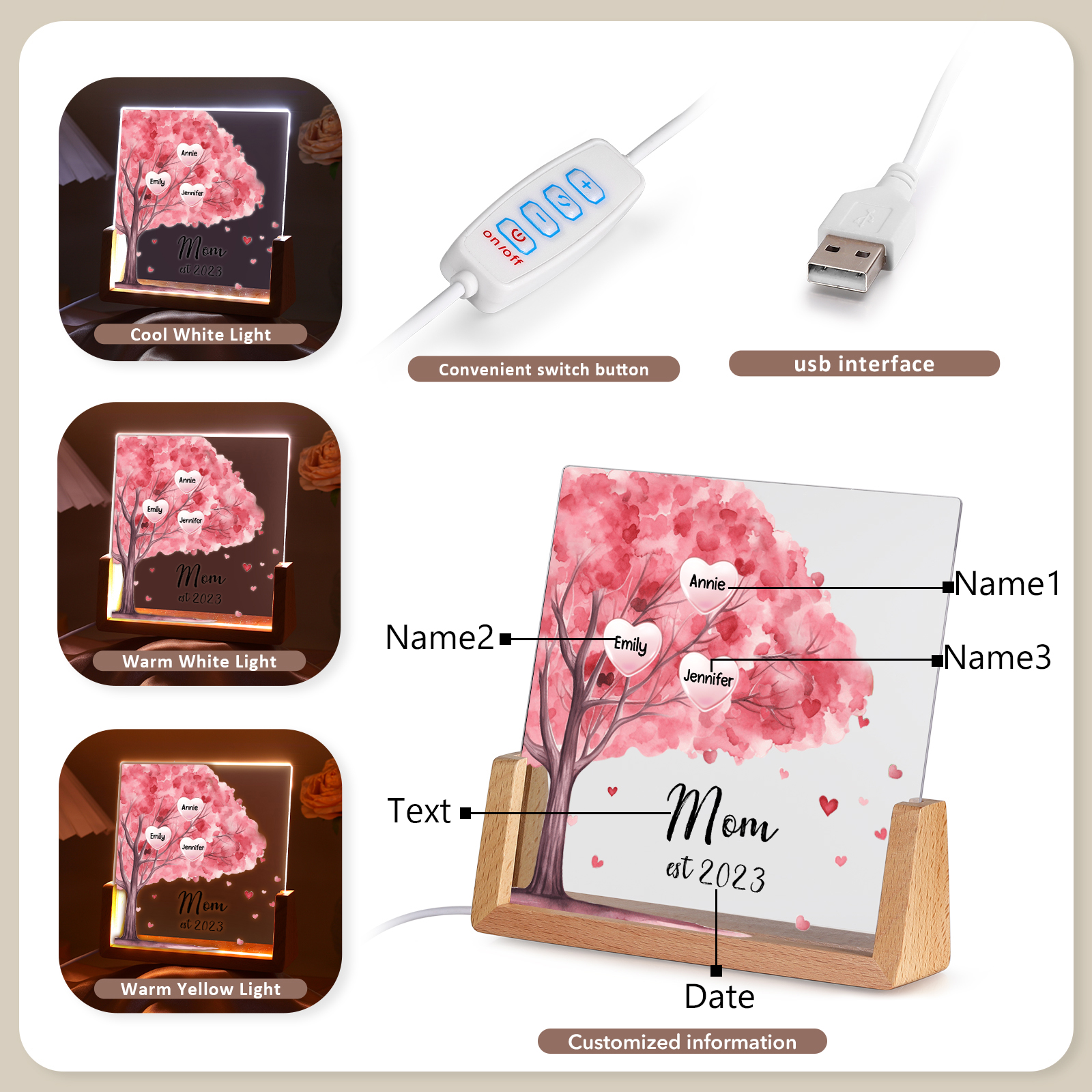 3 Names - Personalized Sakura Tree Night Light with Custom Text And Date LED Light, Gift for Mom