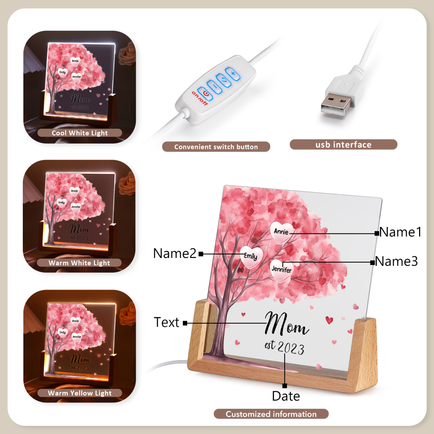 3 Names - Personalized Sakura Tree Night Light with Custom Text And Date LED Light, Gift for Mom