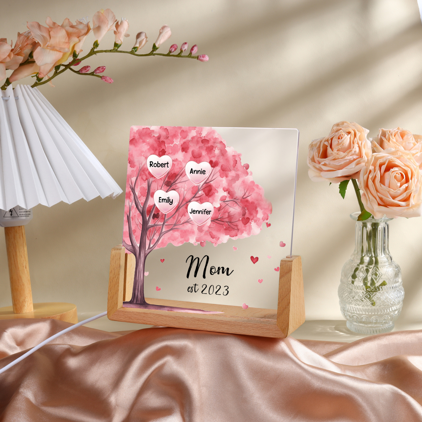 4 Names - Personalized Sakura Tree Night Light with Custom Text And Date LED Light, Gift for Mom