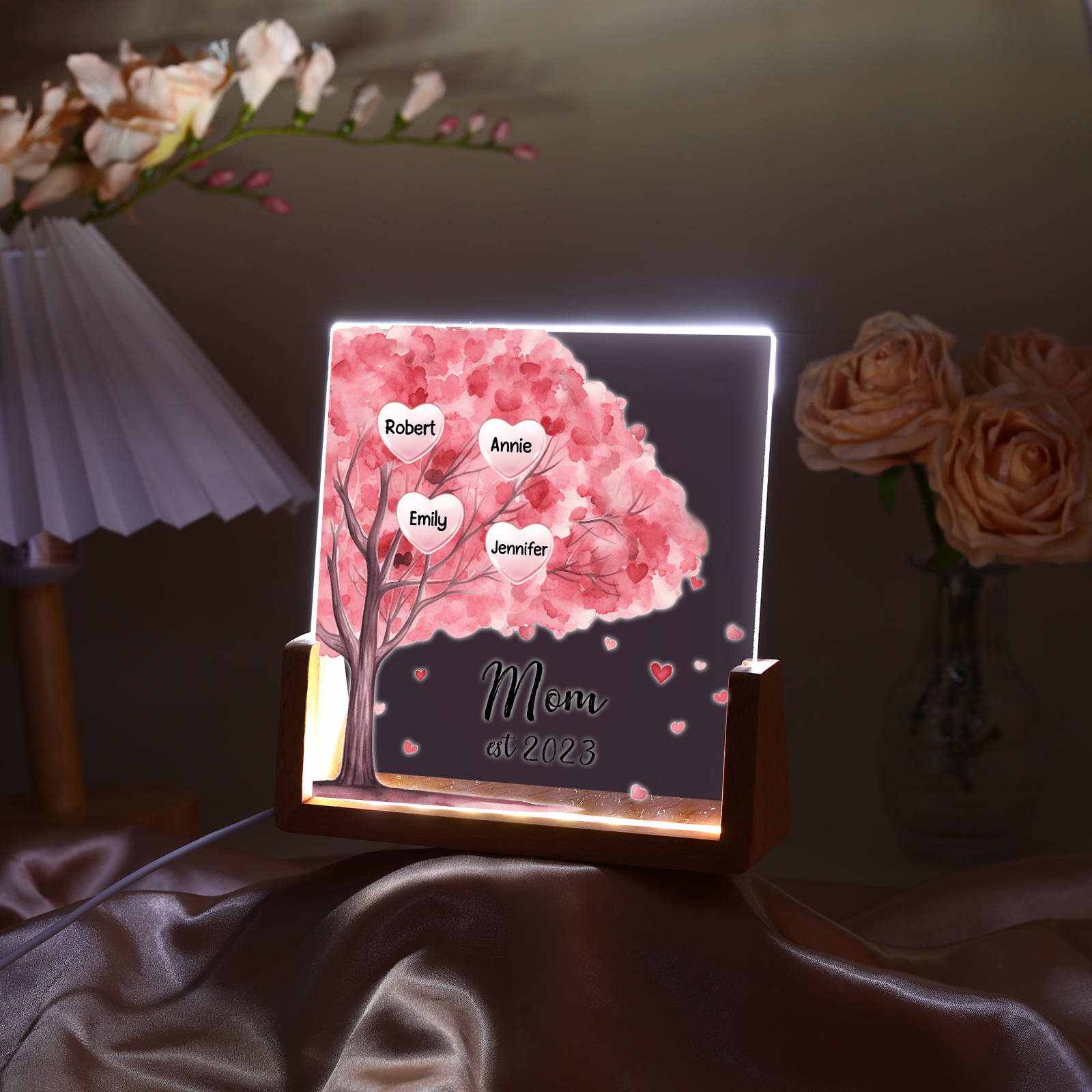 4 Names - Personalized Sakura Tree Night Light with Custom Text And Date LED Light, Gift for Mom