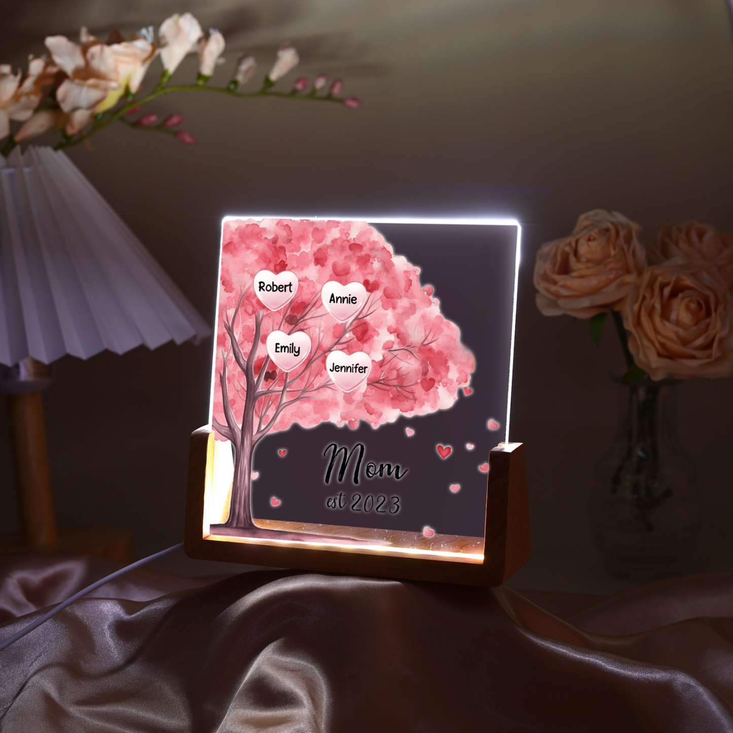 4 Names - Personalized Sakura Tree Night Light with Custom Text And Date LED Light, Gift for Mom