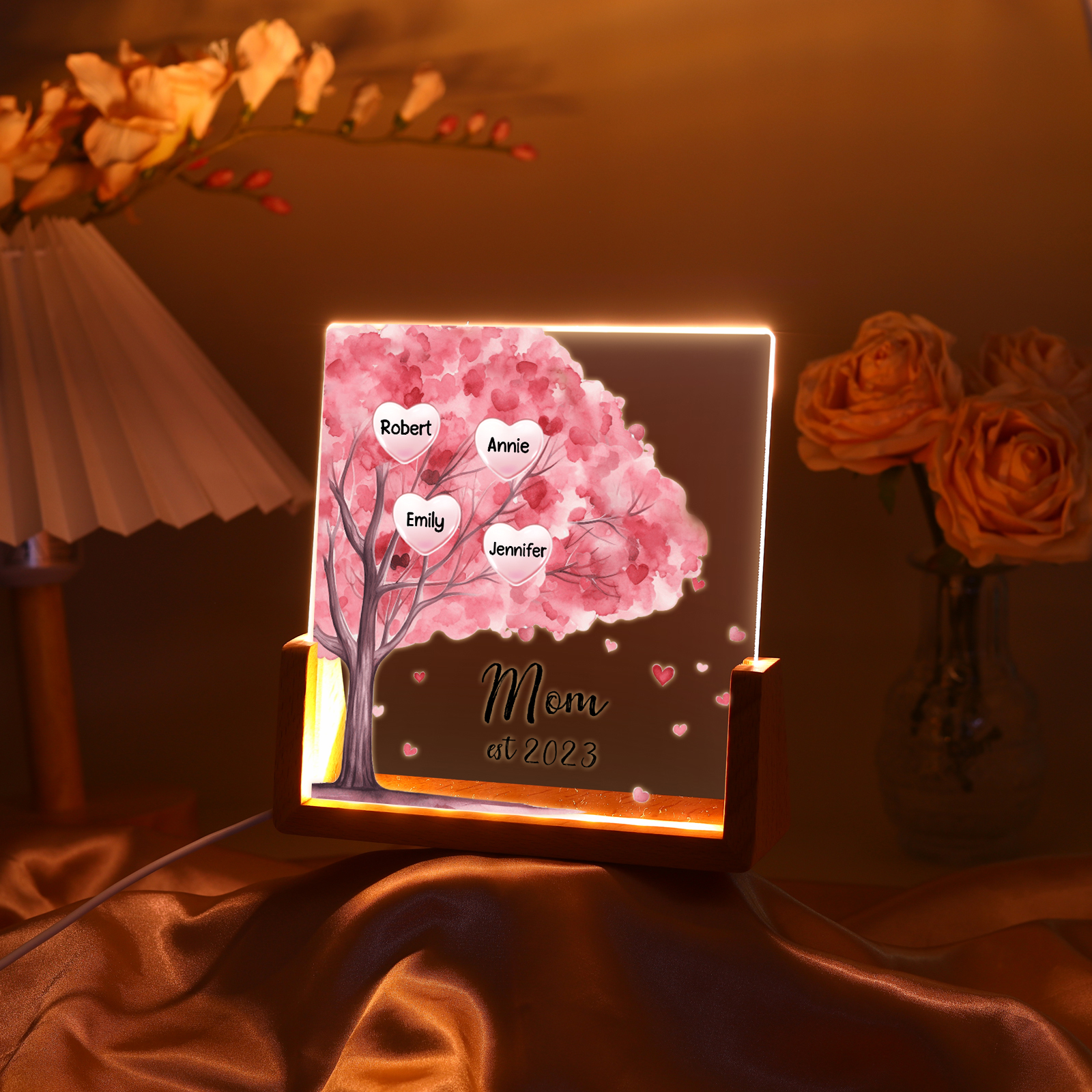 4 Names - Personalized Sakura Tree Night Light with Custom Text And Date LED Light, Gift for Mom