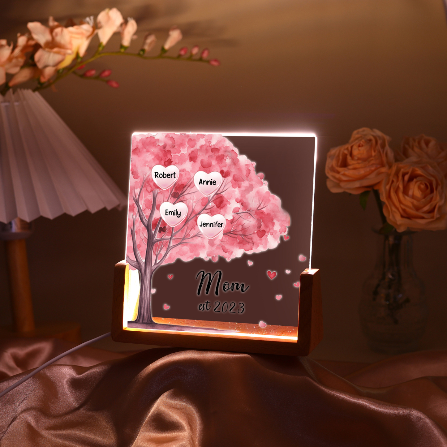4 Names - Personalized Sakura Tree Night Light with Custom Text And Date LED Light, Gift for Mom
