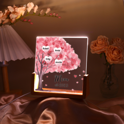 4 Names - Personalized Sakura Tree Night Light with Custom Text And Date LED Light, Gift for Mom
