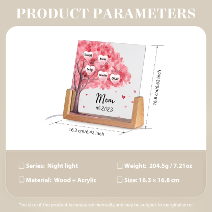 5 Names - Personalized Sakura Tree Night Light with Custom Text And Date LED Light, Gift for Mom