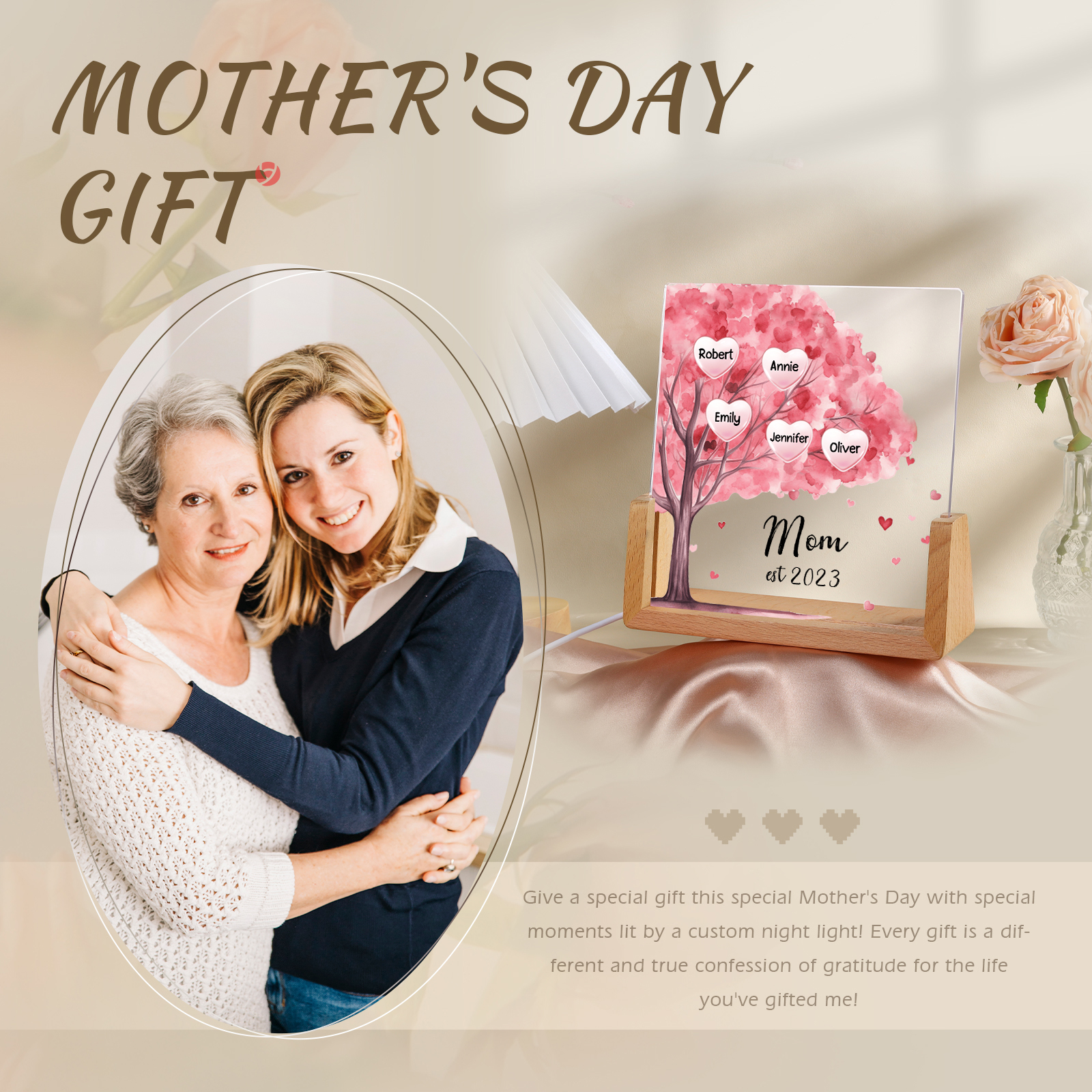 5 Names - Personalized Sakura Tree Night Light with Custom Text And Date LED Light, Gift for Mom